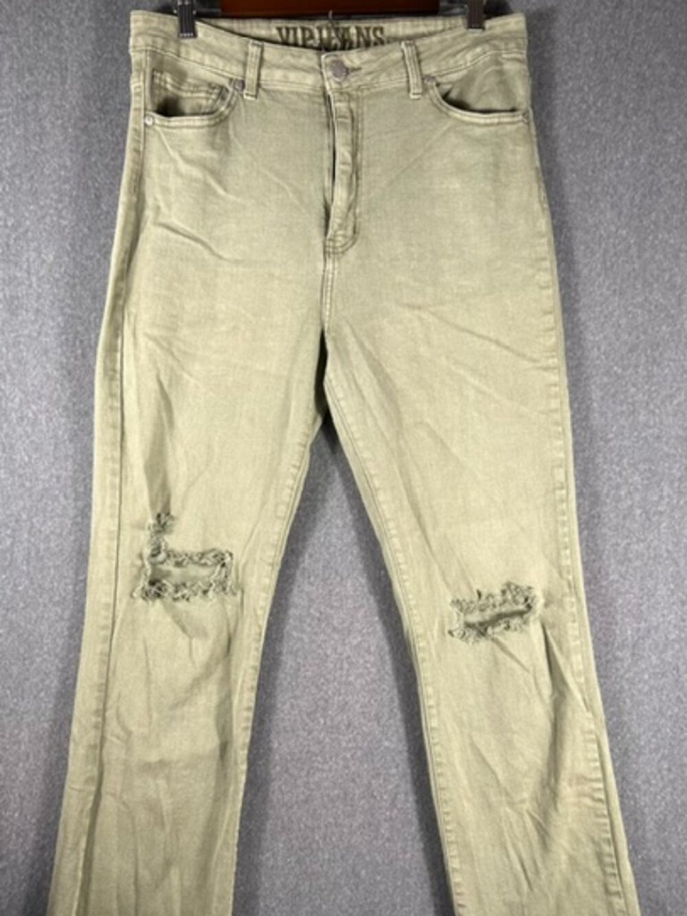 VIP Jeans Womens Sz 13/31 Olive Green Stretch Denim Hi-Rise 34x29 Distressed